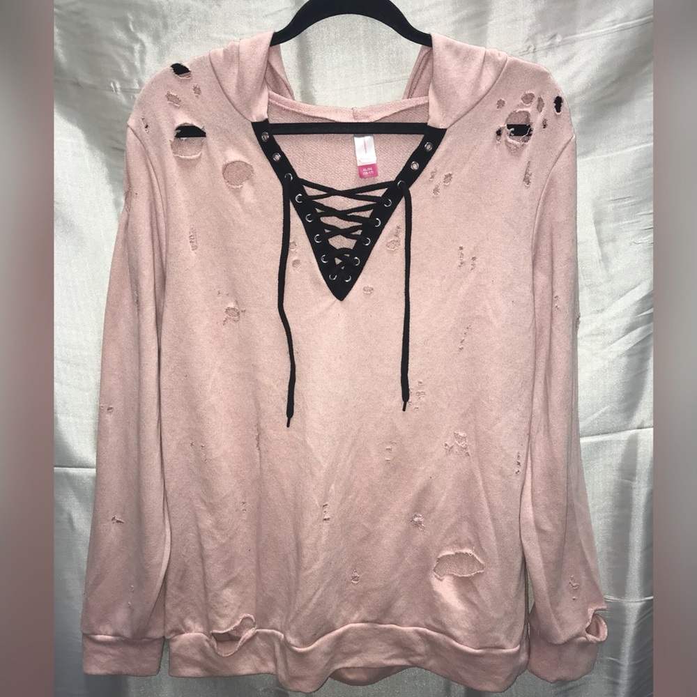 Distressed Front Lace-Up Sweater
